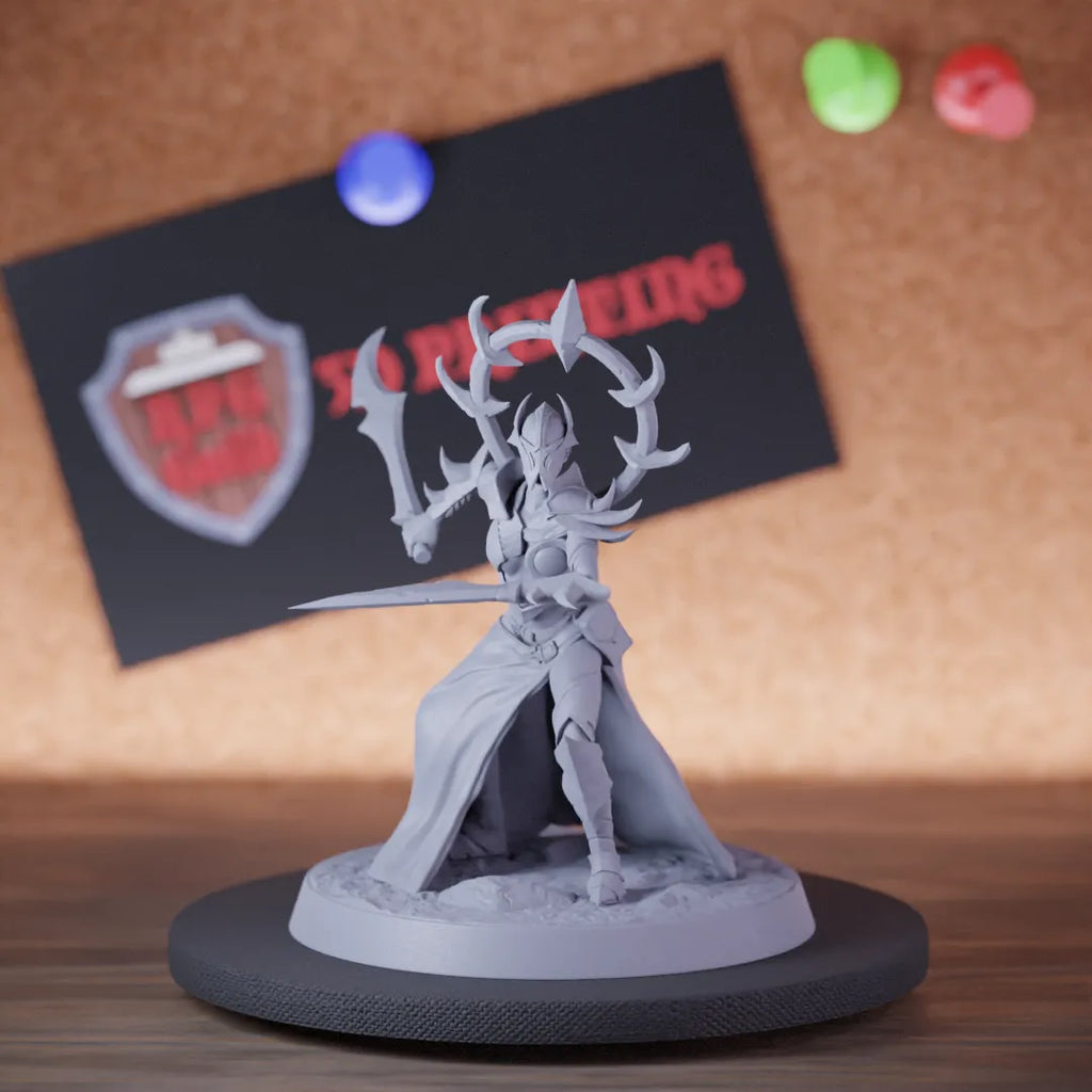 Highly detailed drow infantry double sword miniature of Velatrix, perfect for DnD 5e encounters, fantasy tabletop RPG campaigns, painting and display.