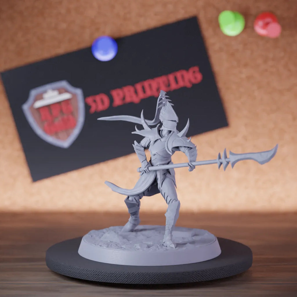 Highly detailed drow infantry glaive miniature of Velatrix, perfect for DnD 5e encounters, fantasy tabletop RPG campaigns, painting and display.