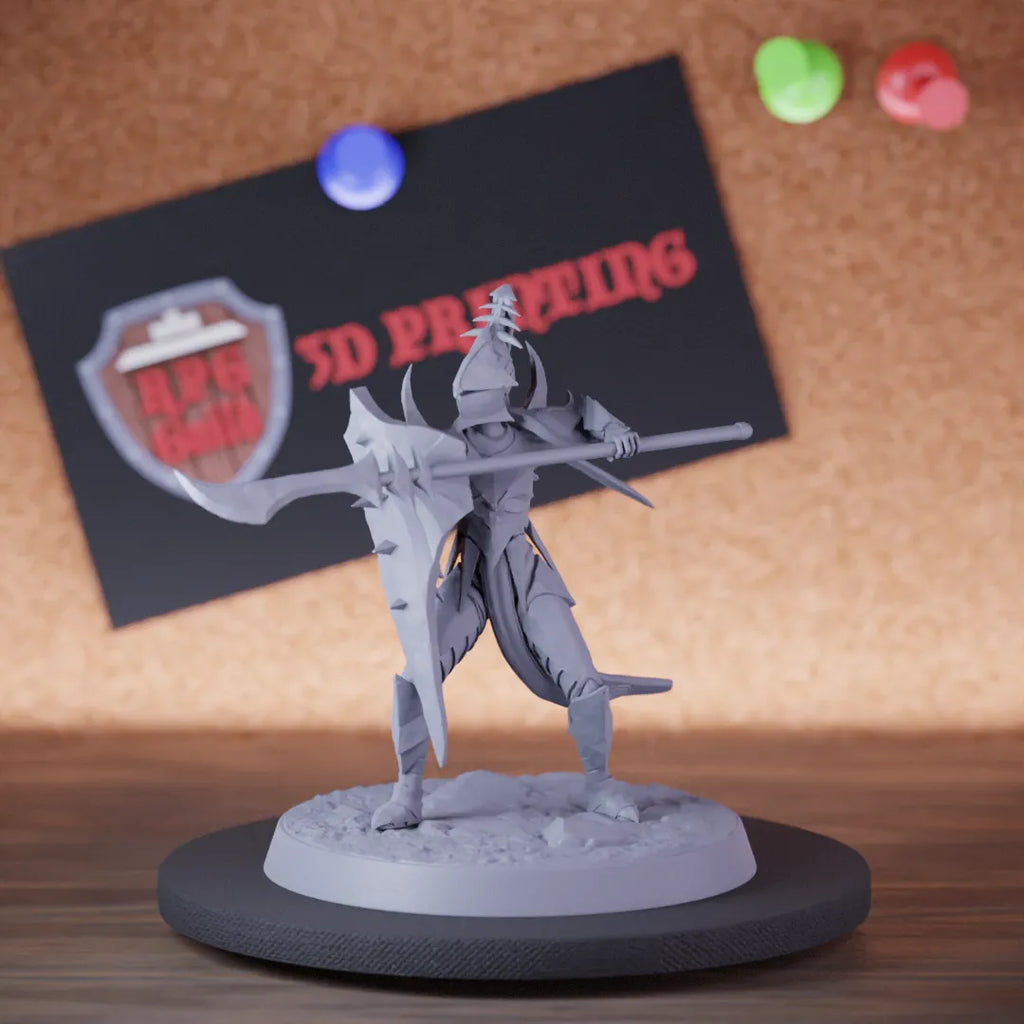 Highly detailed drow infantry glaive shield armored miniature of Velatrix, perfect for DnD 5e encounters, fantasy tabletop RPG campaigns, painting and display.