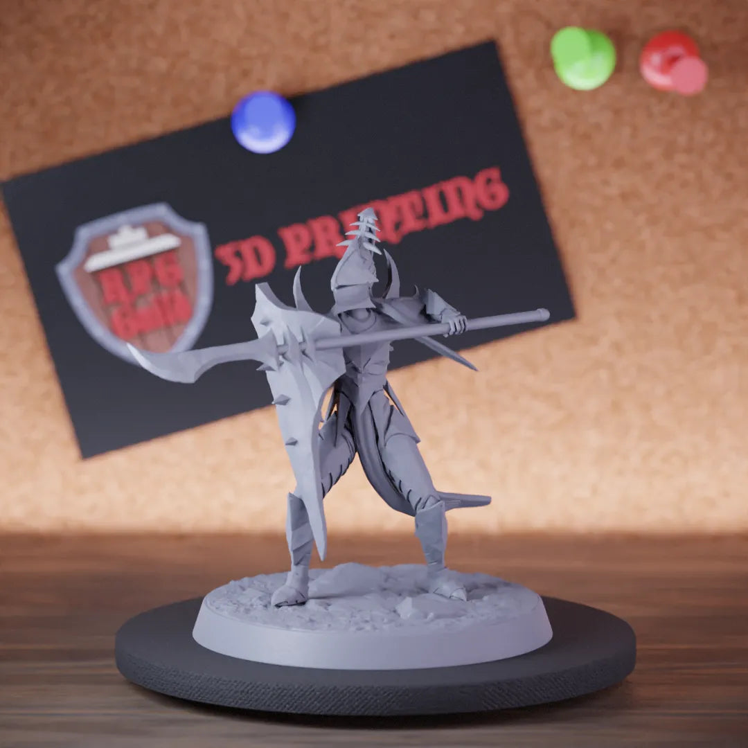 Highly detailed drow infantry glaive shield armored miniature of Velatrix, perfect for DnD 5e encounters, fantasy tabletop RPG campaigns, painting and display.