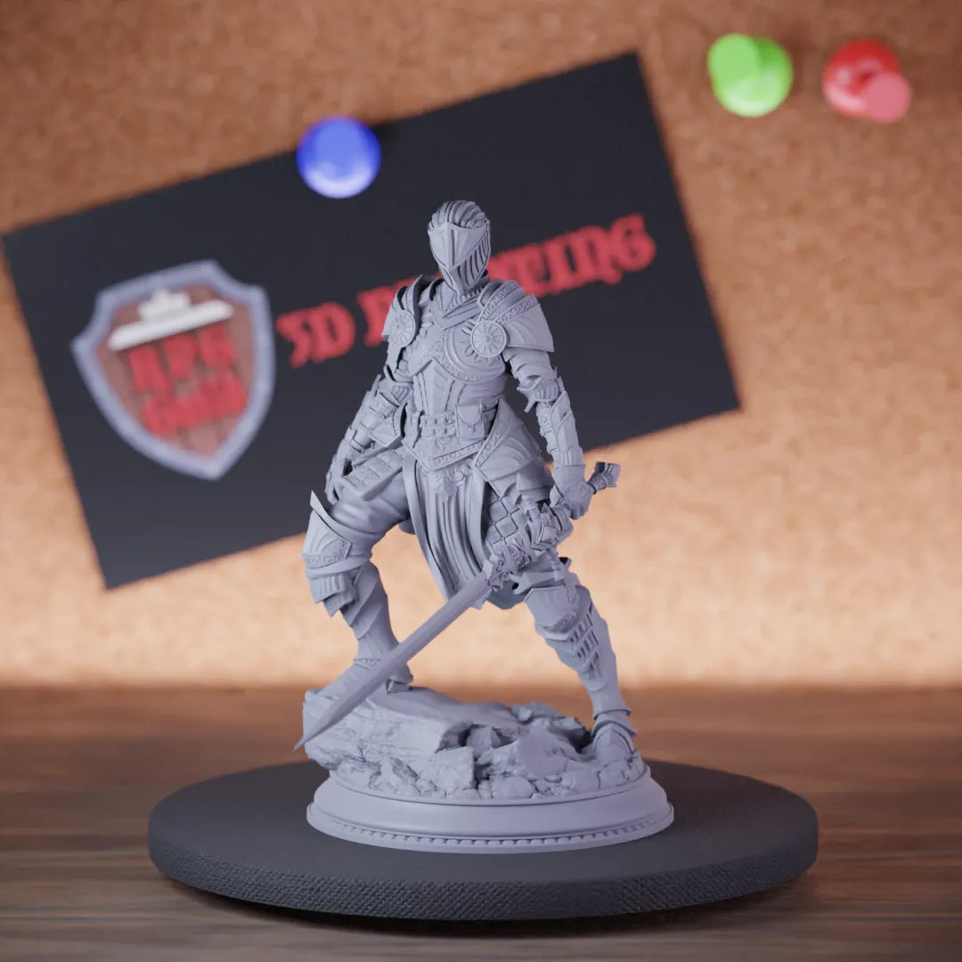 Highly detailed inquisitor greater warrior knight halberd miniature of Vera, perfect for DnD 5e encounters, fantasy tabletop RPG campaigns, painting and display.
