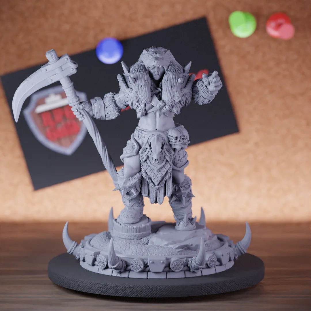 Highly detailed female barbarian orc warchief shaman miniature of Vhala, perfect for DnD 5e encounters, fantasy tabletop RPG campaigns, painting and display.