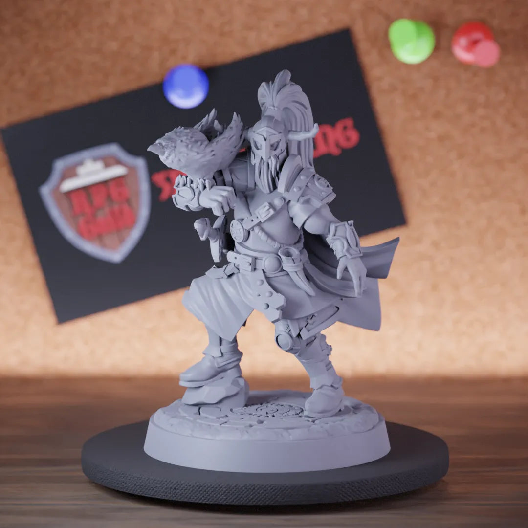 Highly detailed armored warrior viking crow northman miniature of Viking, perfect for DnD 5e encounters, fantasy tabletop RPG campaigns, painting and display.