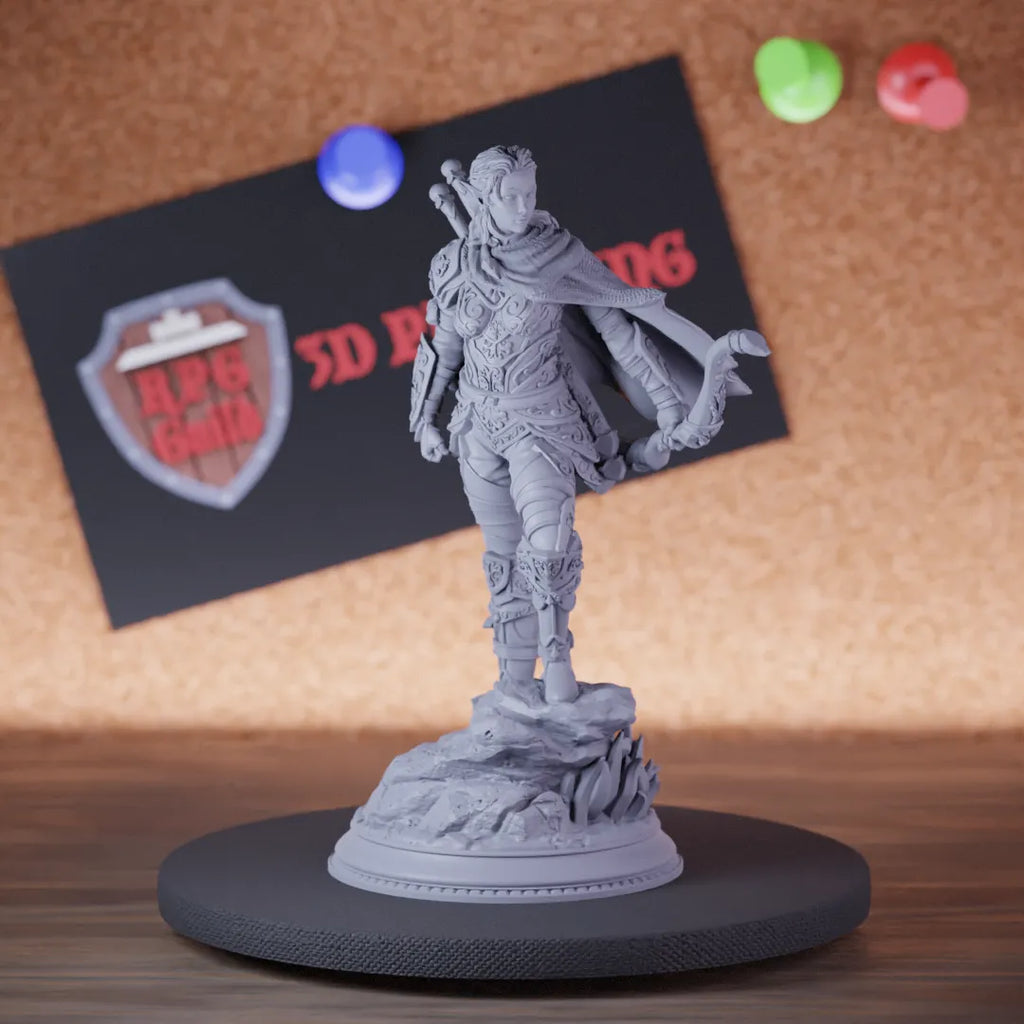 Highly detailed female ranger human hunter miniature of Virana, perfect for DnD 5e encounters, fantasy tabletop RPG campaigns, painting and display.