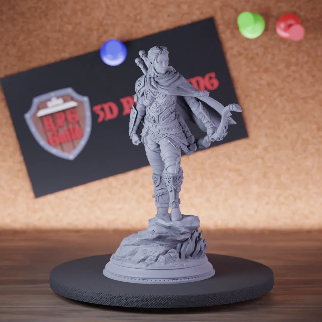 Highly detailed female ranger human hunter miniature of Virana, perfect for DnD 5e encounters, fantasy tabletop RPG campaigns, painting and display.