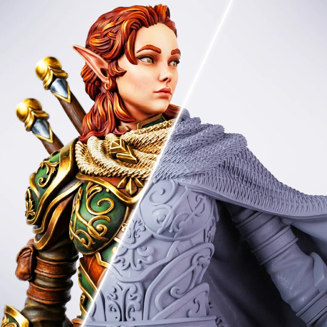 Virana – painted/unpainted split view of a female elf warrior miniature with pointed ears, auburn hair, ornate green-and-gold armor, and swords sheathed on her back