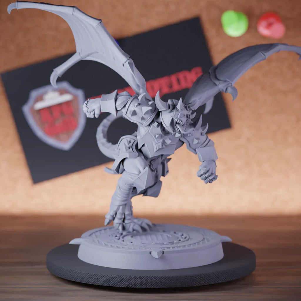 Highly detailed demon winged armored miniature of Voracious, perfect for DnD 5e encounters, fantasy tabletop RPG campaigns, painting and display.