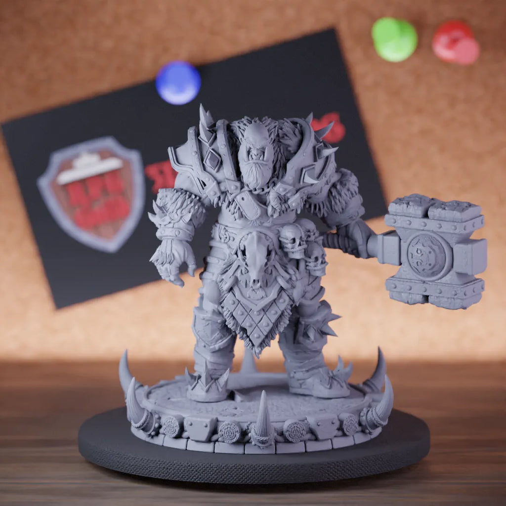 Highly detailed fighter orc barbarian hammer miniature of Vorgath, perfect for DnD 5e encounters, fantasy tabletop RPG campaigns, painting and display.