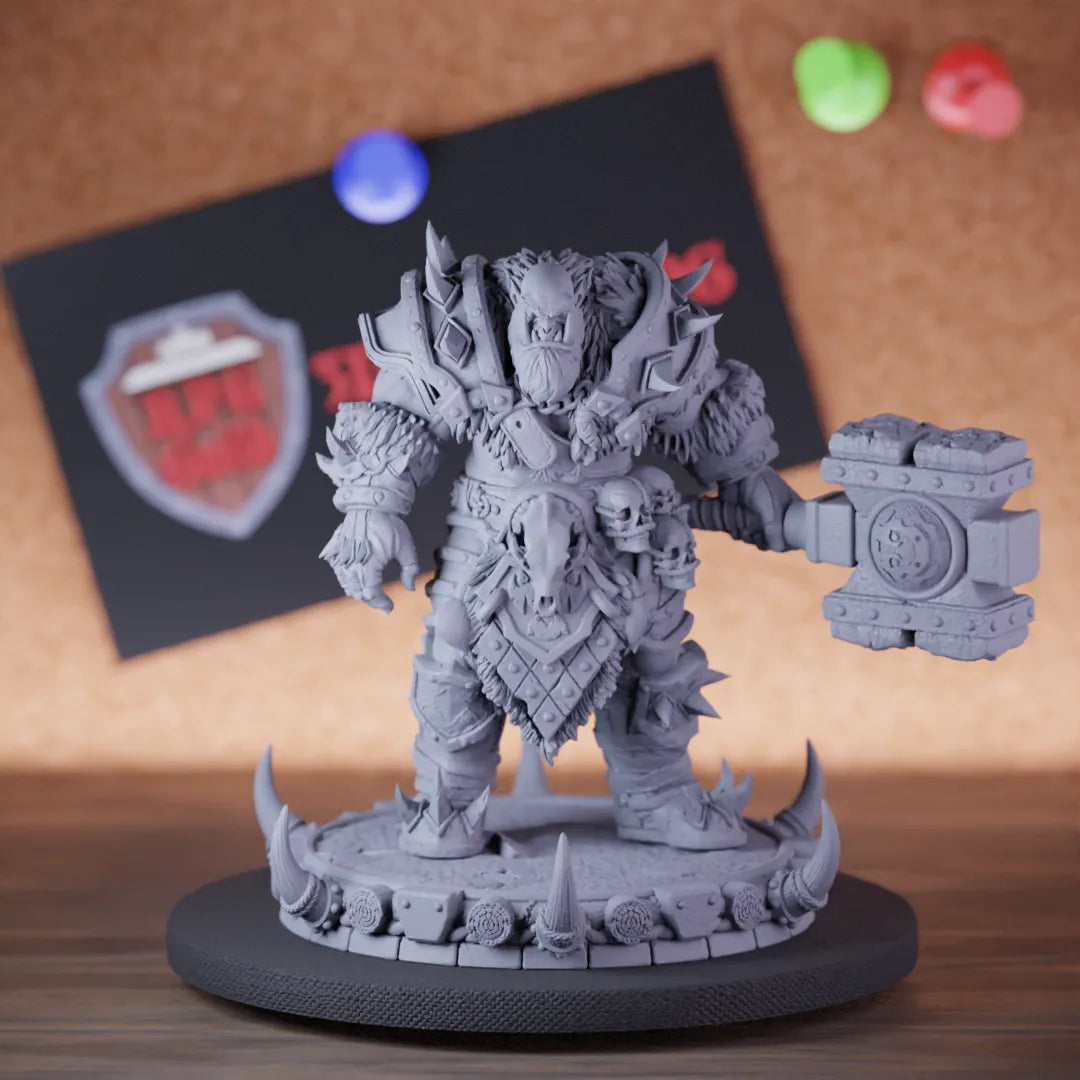 Highly detailed fighter orc barbarian hammer miniature of Vorgath, perfect for DnD 5e encounters, fantasy tabletop RPG campaigns, painting and display.
