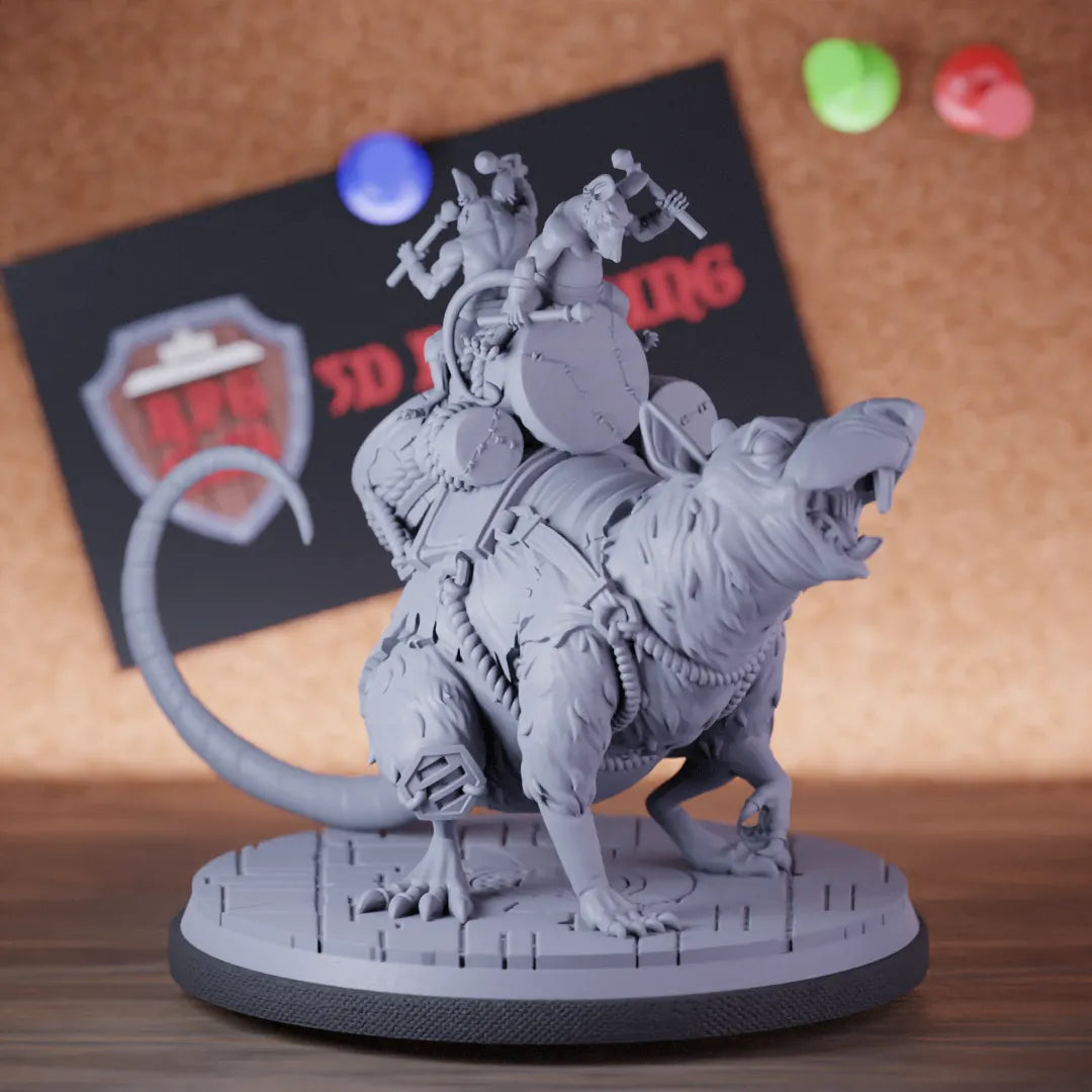 Highly detailed giant rat war drum miniature of War, perfect for DnD 5e encounters, fantasy tabletop RPG campaigns, painting and display.