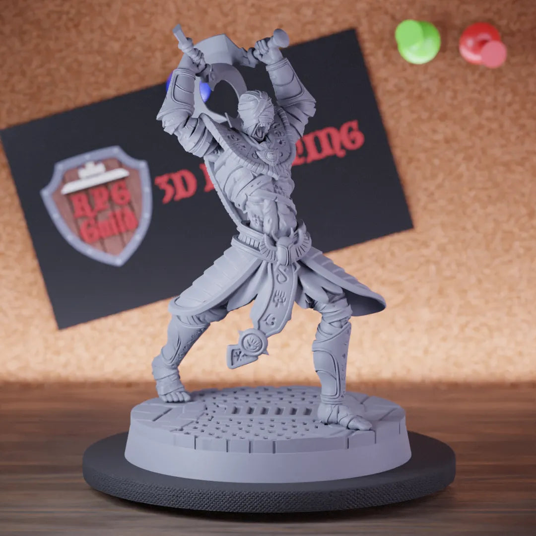 Highly detailed mummy warrior egyptian double scimitar miniature of Warrior, perfect for DnD 5e encounters, fantasy tabletop RPG campaigns, painting and display.