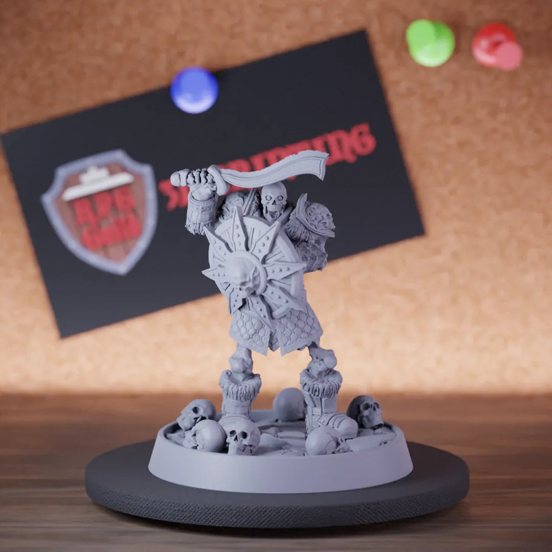 Highly detailed knight undead skeleton scimitar shield miniature of Wight, perfect for DnD 5e encounters, fantasy tabletop RPG campaigns, painting and display.