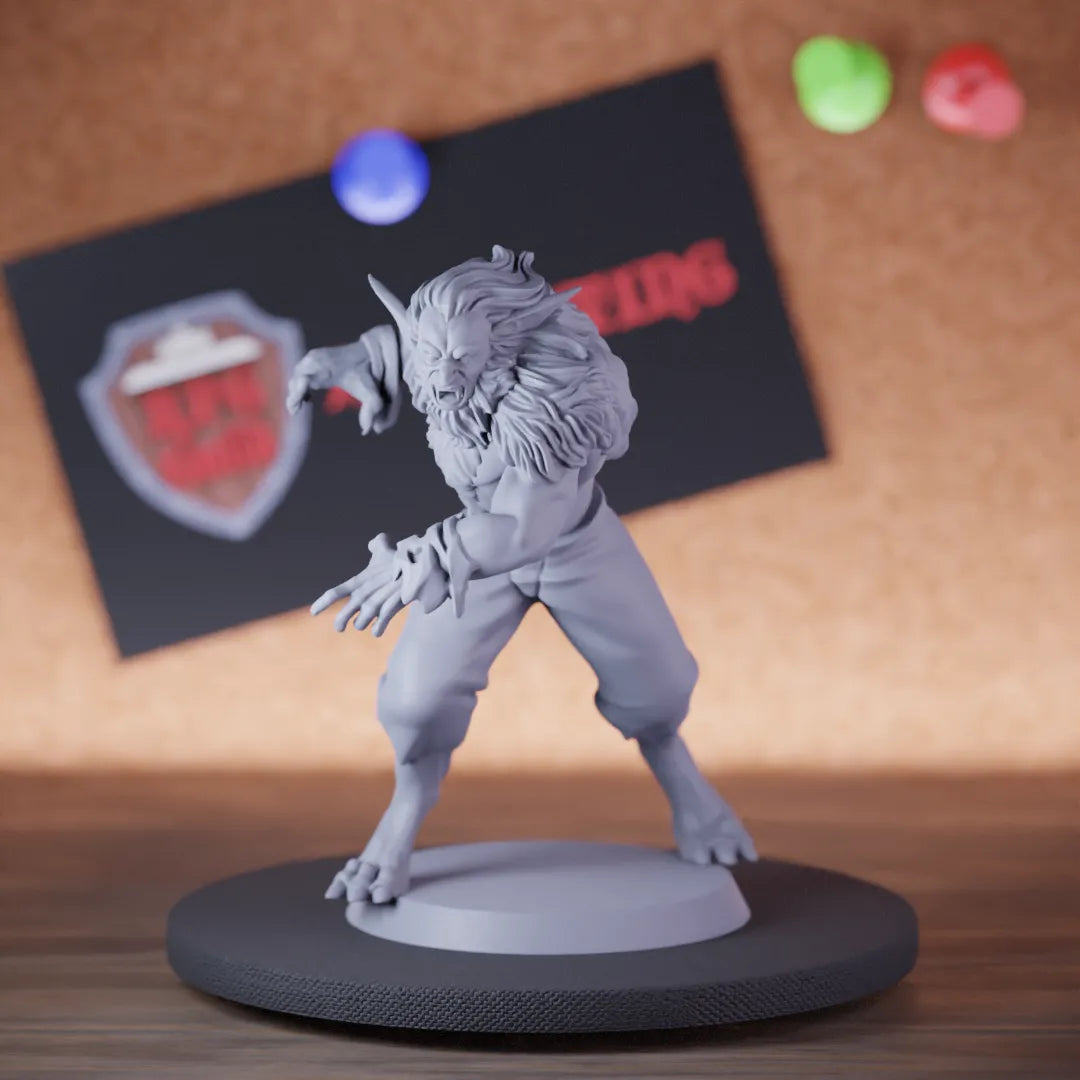 Highly detailed werewolf warrior wulfen miniature of Wulfen, perfect for DnD 5e encounters, fantasy tabletop RPG campaigns, painting and display.