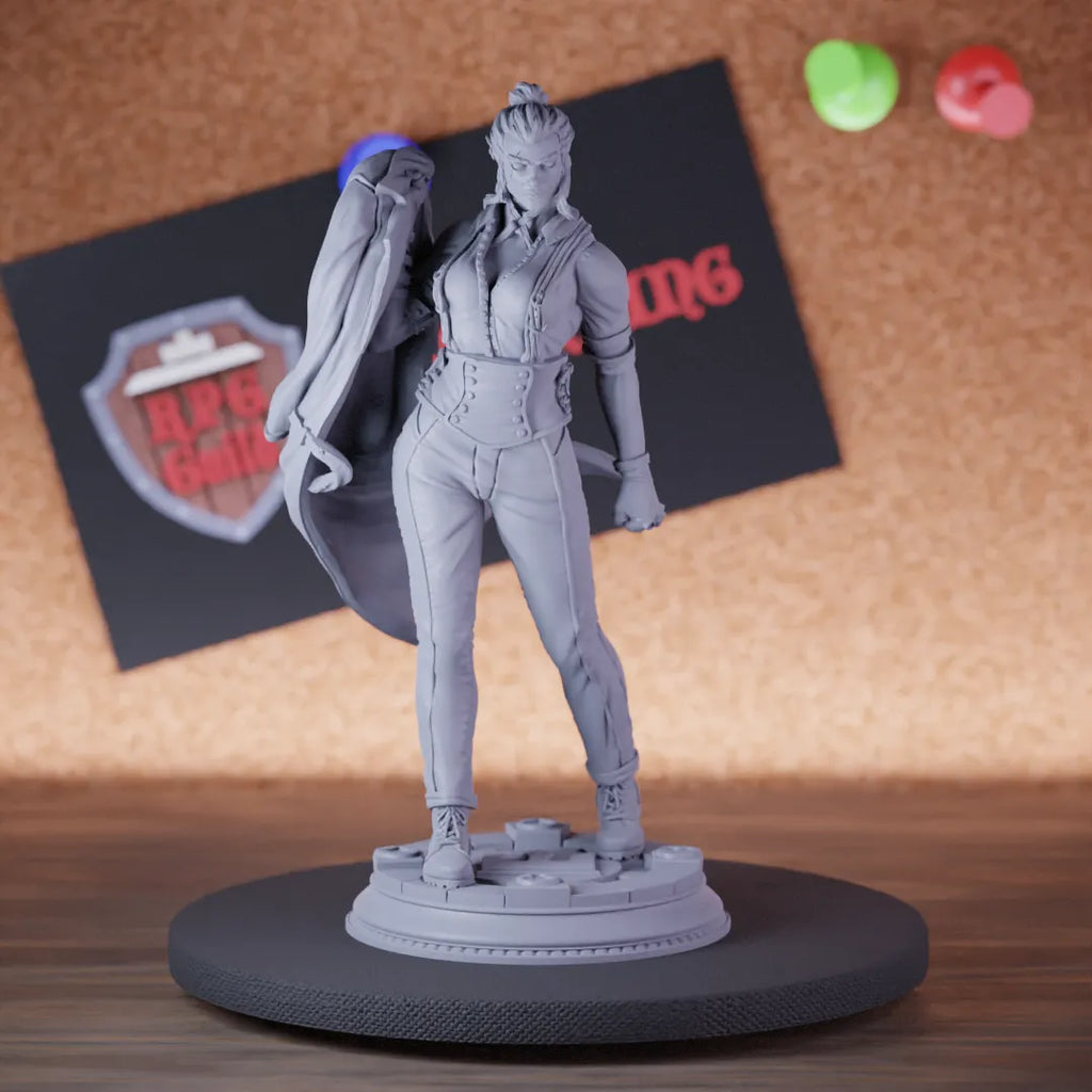 Highly detailed female kingpin npc syndicate crime miniature of Ygris, perfect for DnD 5e encounters, fantasy tabletop RPG campaigns, painting and display.