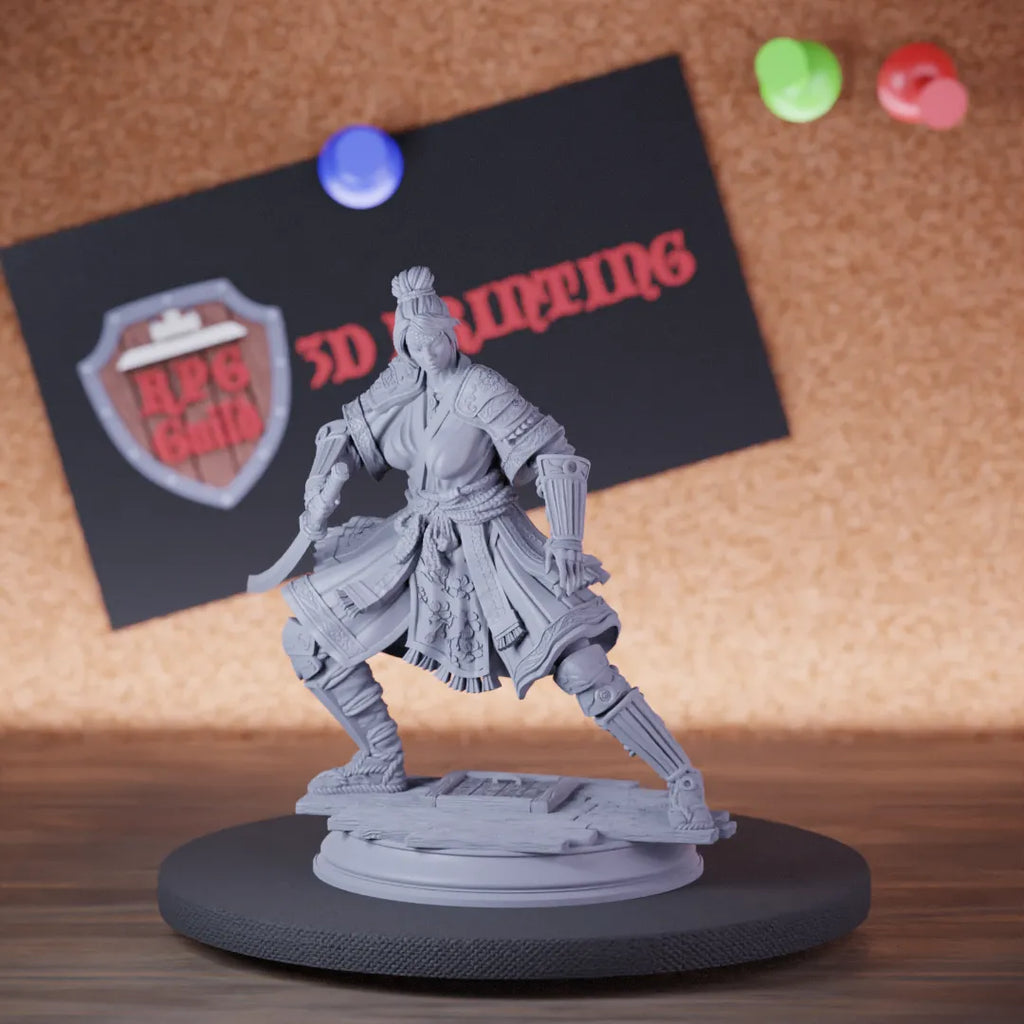 Highly detailed female fighter human samurai sword miniature of Yushin, perfect for DnD 5e encounters, fantasy tabletop RPG campaigns, painting and display.