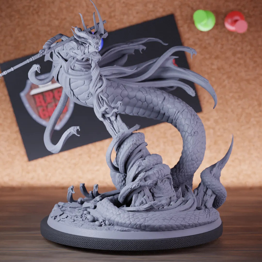 Highly detailed merfolk boss queen evil bbeg miniature of Zhaelyss, perfect for DnD 5e encounters, fantasy tabletop RPG campaigns, painting and display.