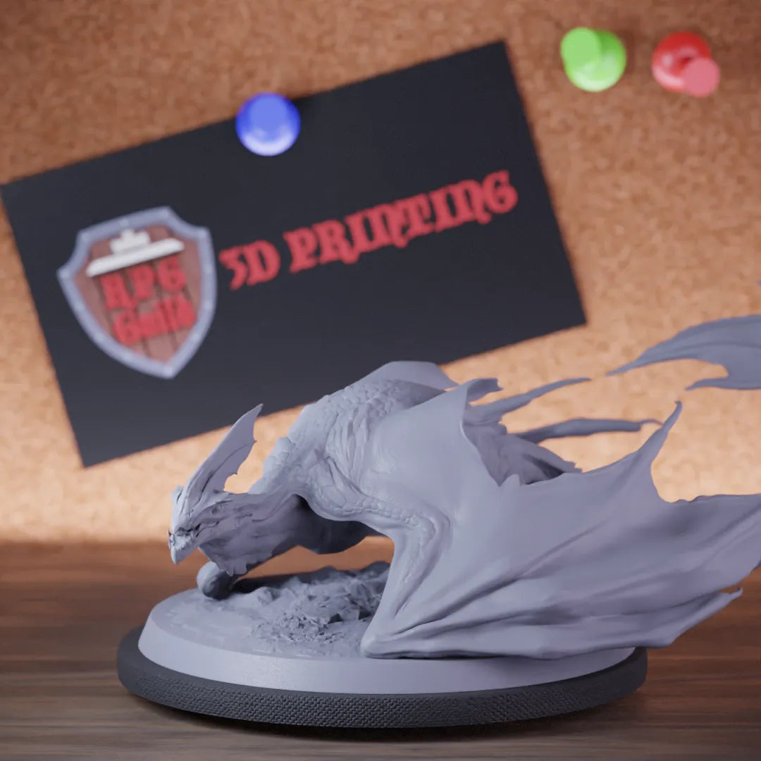 Highly detailed dragon wyvern small gliding miniature of Zicoalt, perfect for DnD 5e encounters, fantasy tabletop RPG campaigns, painting and display.