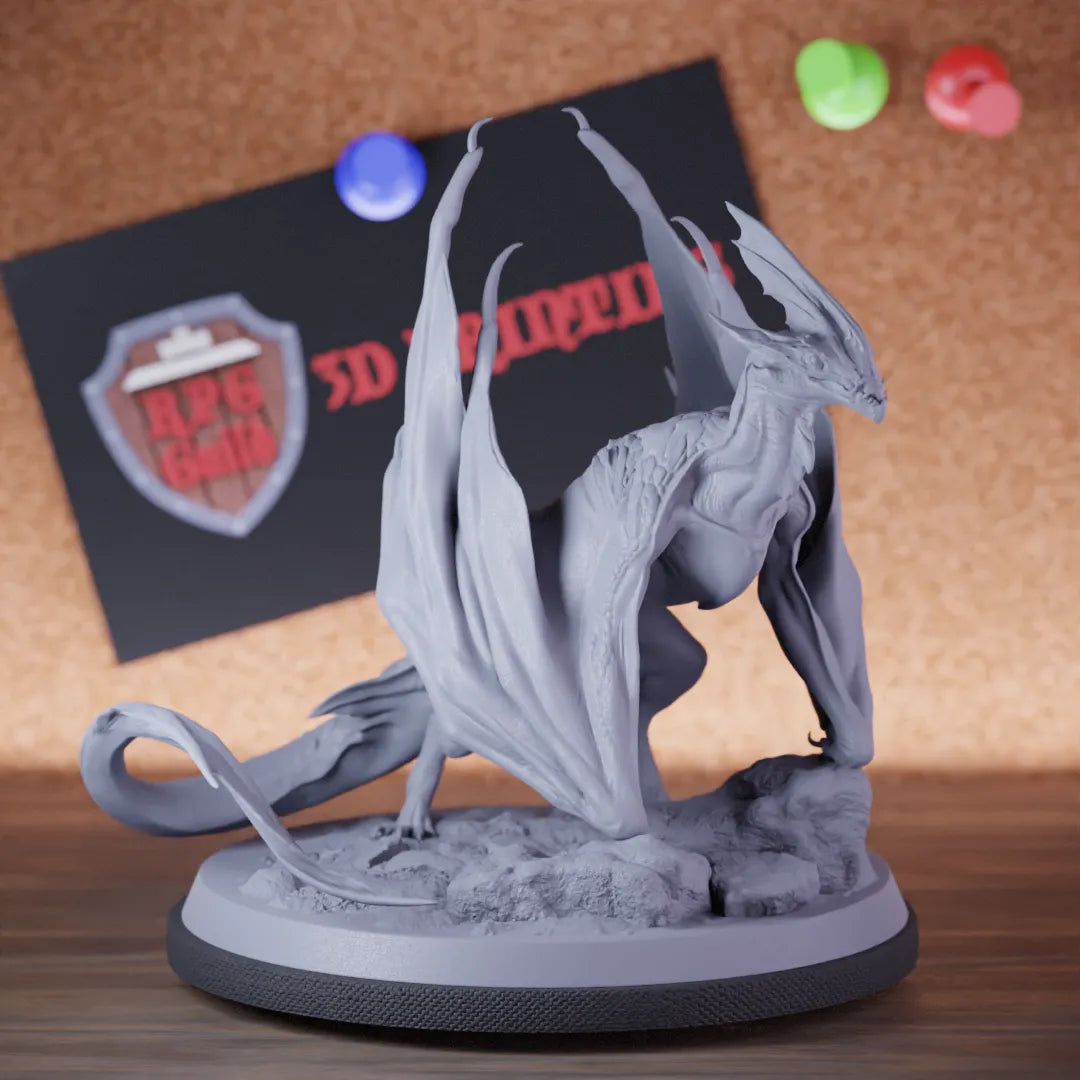 Highly detailed dragon wyvern small stance miniature of Zicoalt, perfect for DnD 5e encounters, fantasy tabletop RPG campaigns, painting and display.