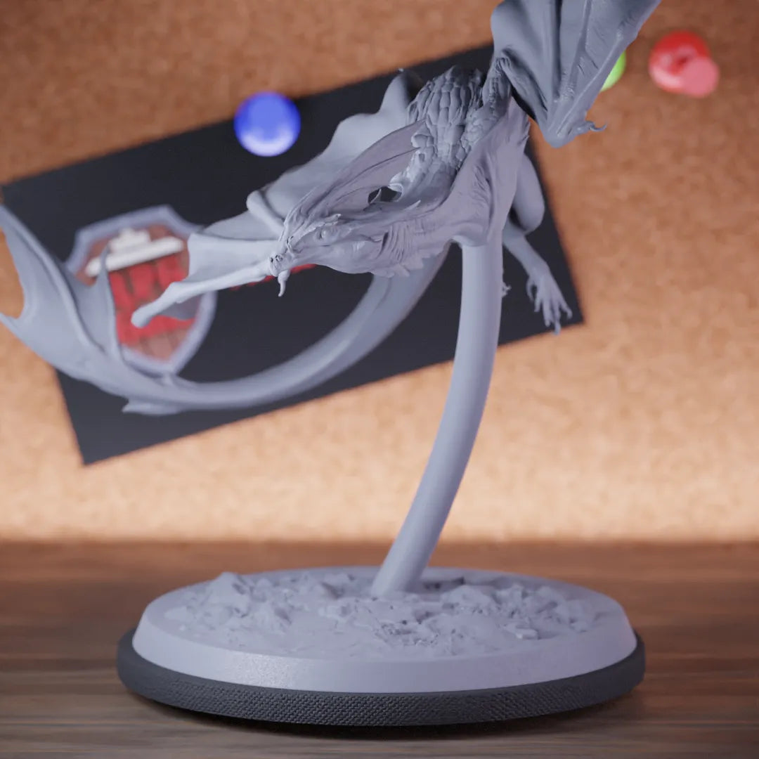 Highly detailed dragon wyvern small flying miniature of Zicoalt, perfect for DnD 5e encounters, fantasy tabletop RPG campaigns, painting and display.