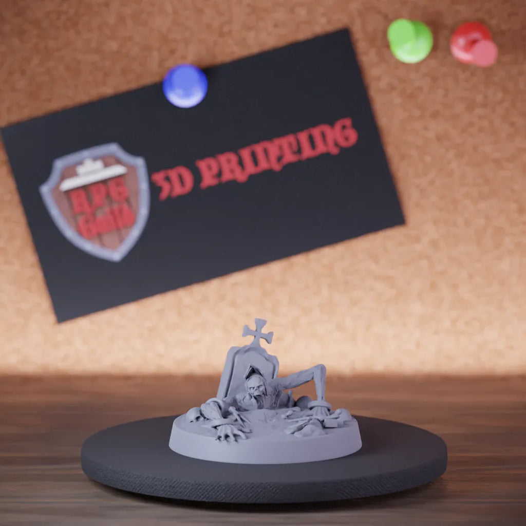 Highly detailed undead zombie rising from grave miniature of Zombie, perfect for DnD 5e encounters, fantasy tabletop RPG campaigns, painting and display.