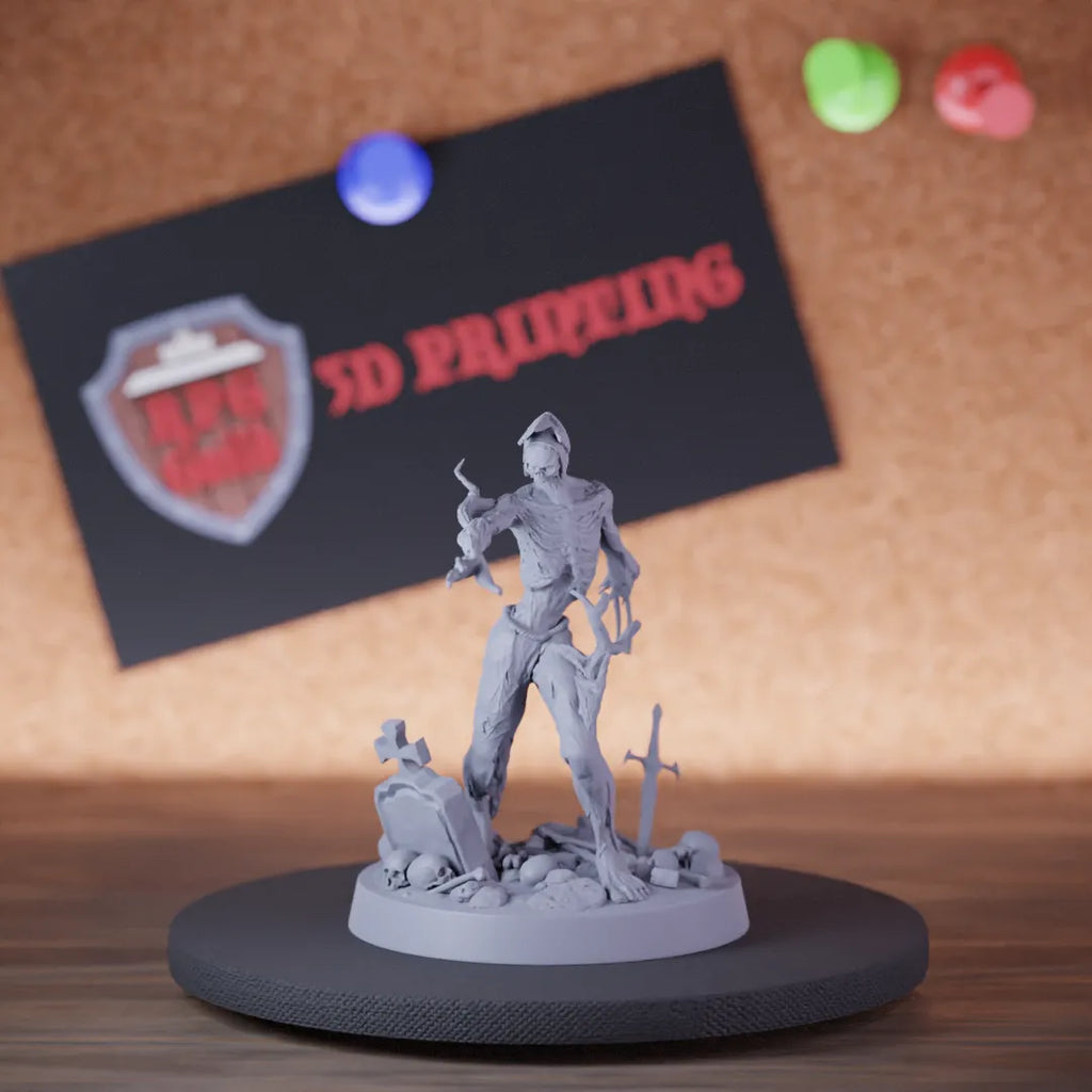 Highly detailed undead lesser zombie grave sword miniature of Zombie, perfect for DnD 5e encounters, fantasy tabletop RPG campaigns, painting and display.