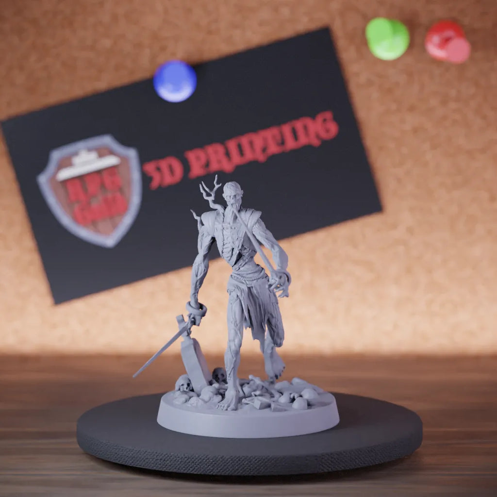 Highly detailed undead zombie double sword miniature of Zombie, perfect for DnD 5e encounters, fantasy tabletop RPG campaigns, painting and display.