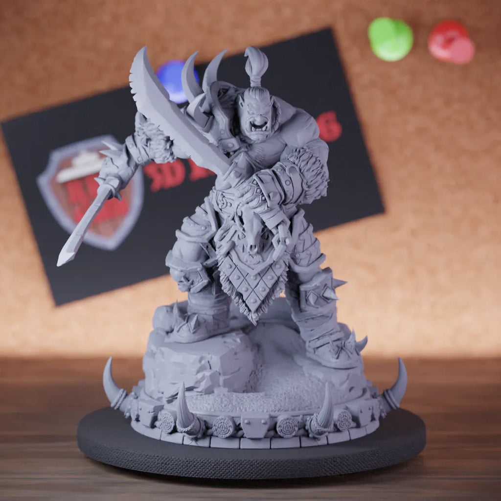 Highly detailed fighter orc stormbringer sword miniature of Zrathul, perfect for DnD 5e encounters, fantasy tabletop RPG campaigns, painting and display.