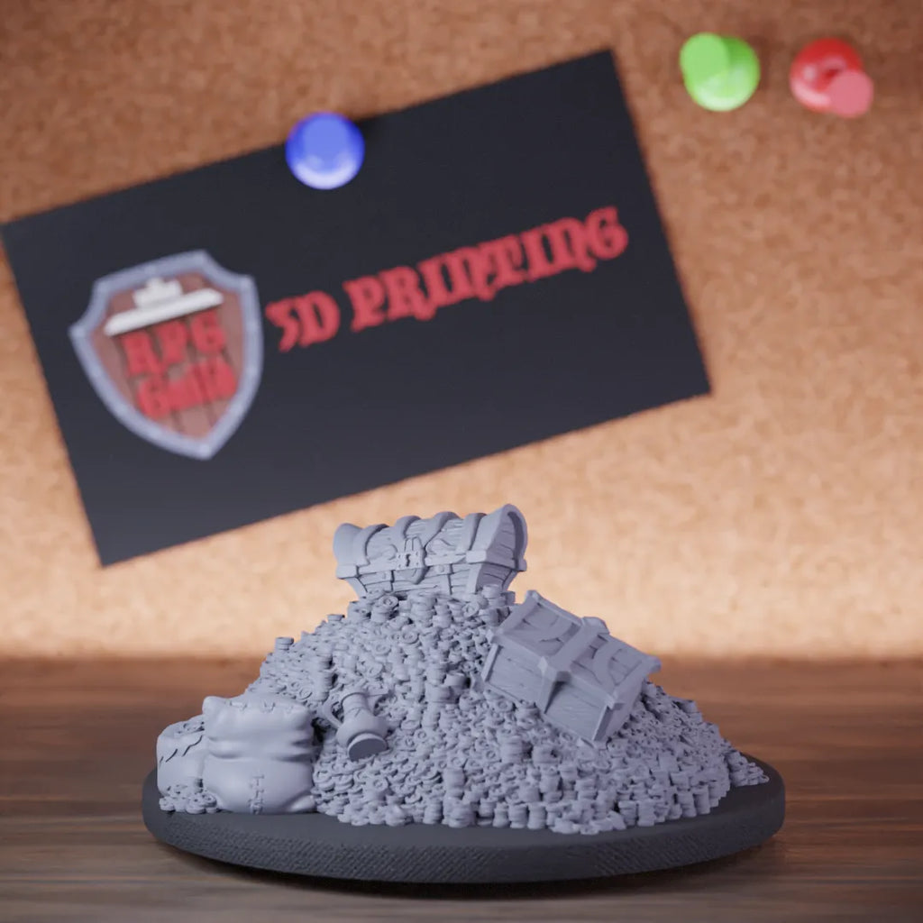 Highly detailed dragon treasure pile loot miniature of dragonvault, perfect for DnD 5e encounters, fantasy tabletop RPG campaigns, painting and display.