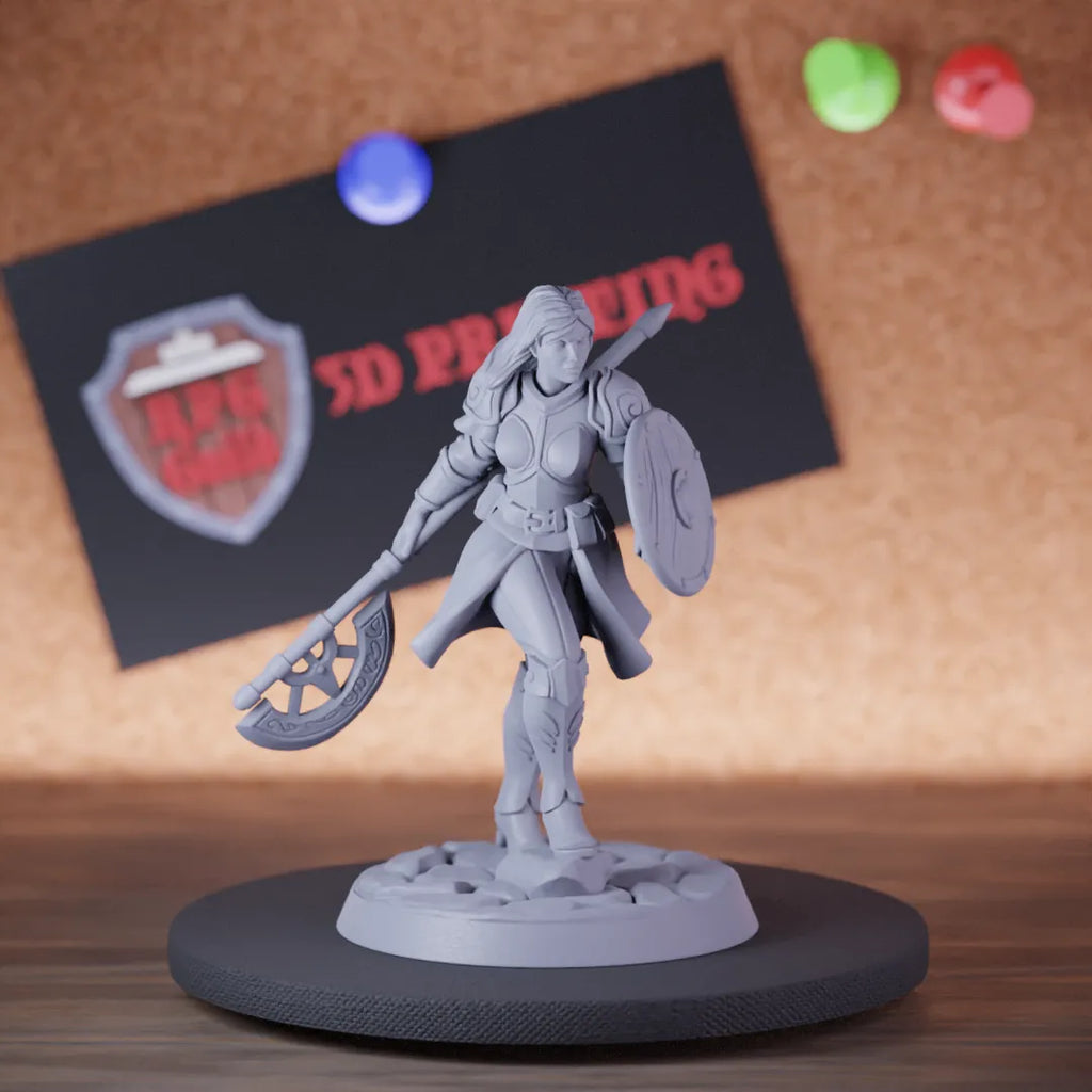 Highly detailed female fighter knight halberd miniature of femaleWarSpear, perfect for DnD 5e encounters, fantasy tabletop RPG campaigns, painting and display.