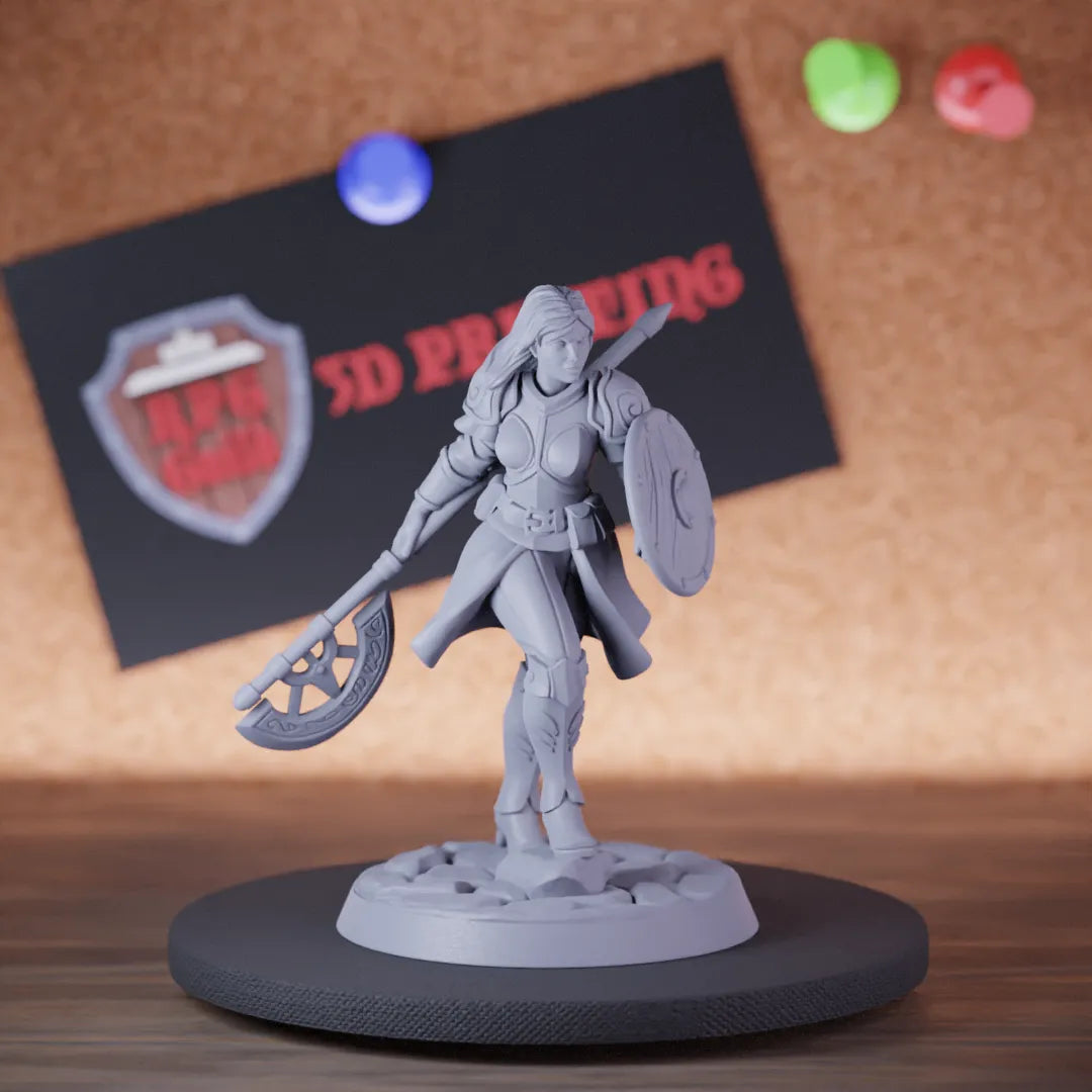 Highly detailed female fighter knight halberd miniature of femaleWarSpear, perfect for DnD 5e encounters, fantasy tabletop RPG campaigns, painting and display.