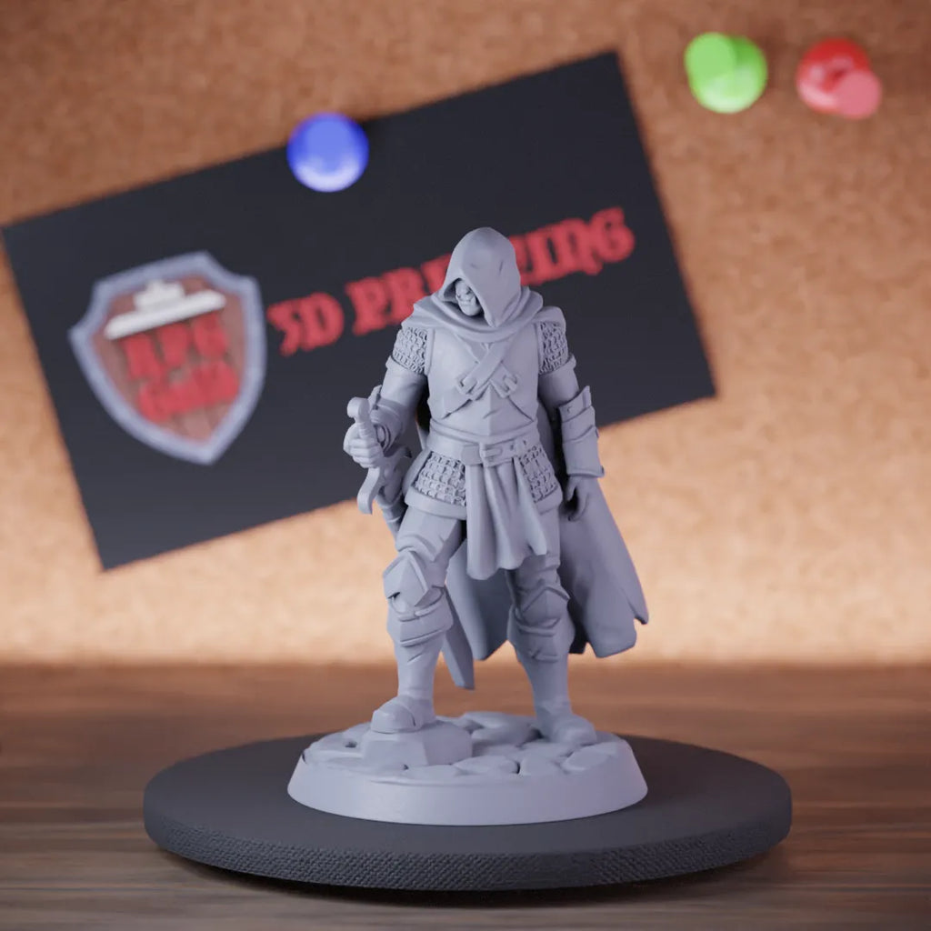 Highly detailed ranger orc half knight sword miniature of halfOrcWar, perfect for DnD 5e encounters, fantasy tabletop RPG campaigns, painting and display.