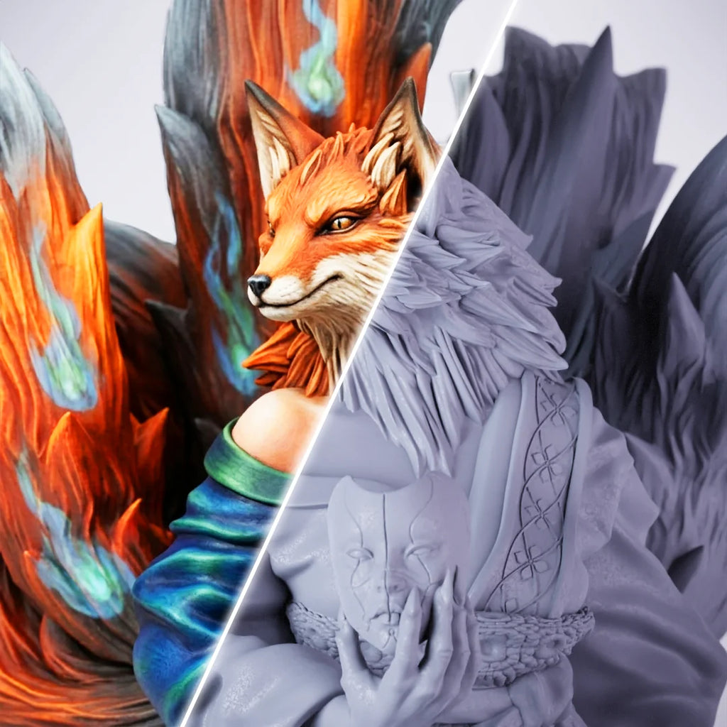 Kyubi – painted/unpainted split view of a kitsune (nine-tailed fox) miniature with vivid orange fur, multiple tails wreathed in orange and teal elemental flames, wearing a green collar