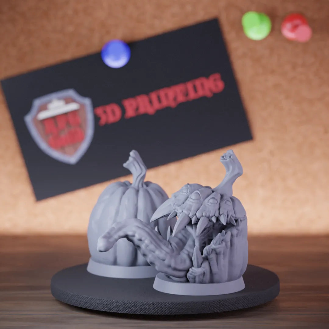 Highly detailed mimic pumpkin aberration miniature of pumpkin, perfect for DnD 5e encounters, fantasy tabletop RPG campaigns, painting and display.