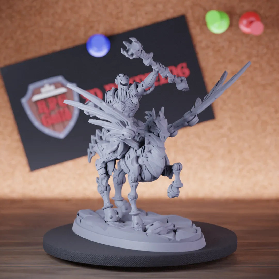 Highly detailed wizard warforged pegasi cavalier miniature of searcher, perfect for DnD 5e encounters, fantasy tabletop RPG campaigns, painting and display.