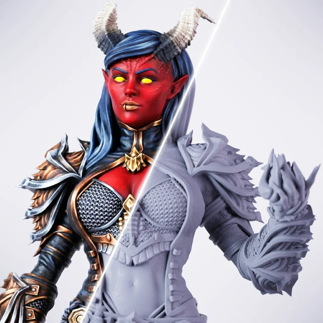 Skardi – painted/unpainted split view of a female tiefling miniature with red skin, small horns, blue hair, and ornate silver-and-gold demonic armor