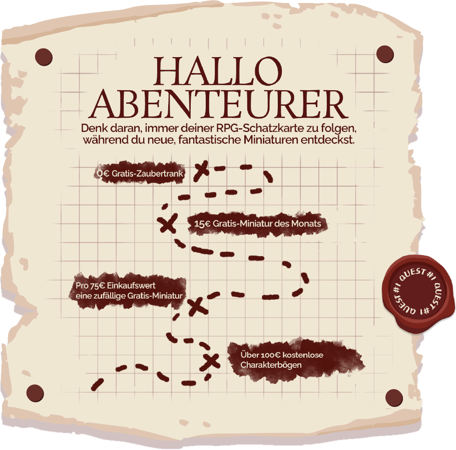 RPG Guild Schatzkarte: Gratis-Zaubertrank, Gratis-Miniatur des Monats ab 15 €, pro 75 € eine zufällige Gratis-Miniatur, über 100 € kostenlose Charakterbögen