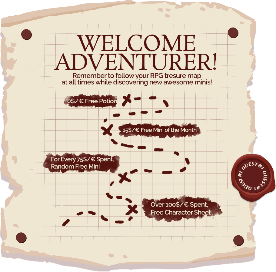 RPG Guild treasure map: free potion, free Mini of the Month from 15 $/€, a random free mini for every 75 $/€ spent, free character sheet over 100 $/€