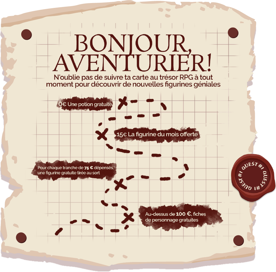 Carte au trésor RPG Guild : potion gratuite, figurine du mois offerte dès 15 €, une figurine gratuite tirée au sort tous les 75 €, fiches de personnage gratuites au-dessus de 100 €