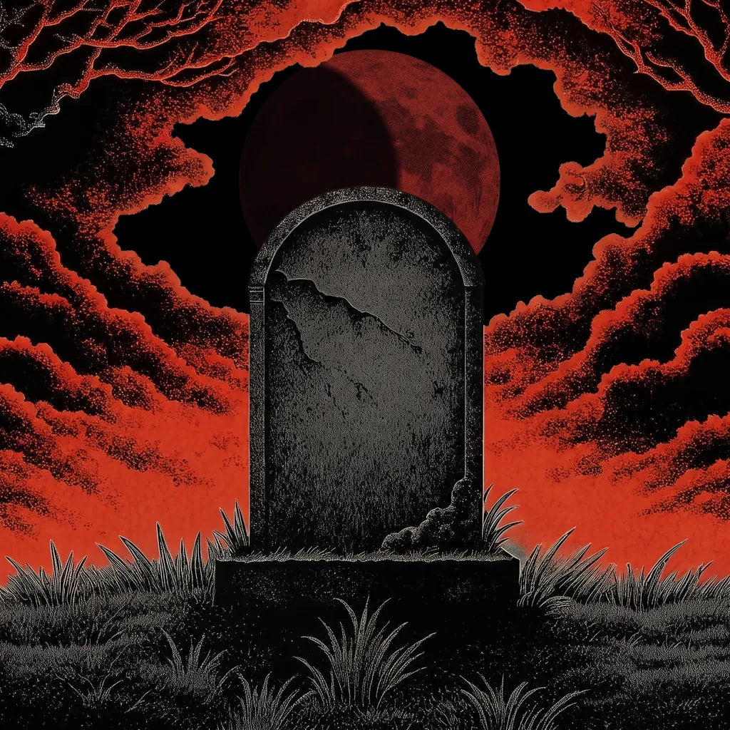 A gravestone under a rising blood moon, half of it in shadow, red sky behind.