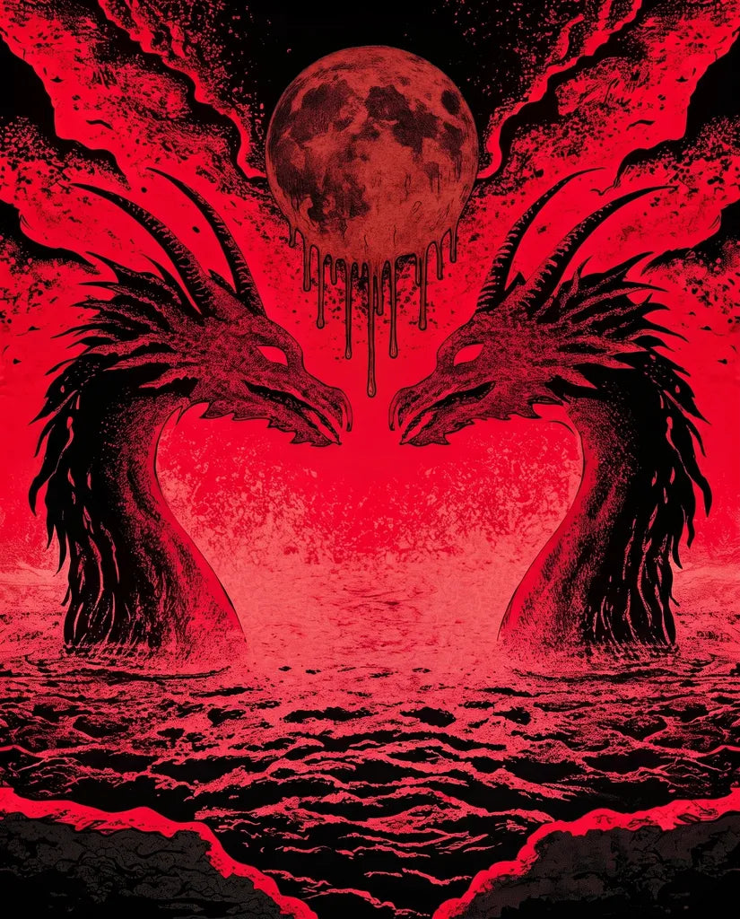 Two dragons facing each other under a full blood moon dripping blood.