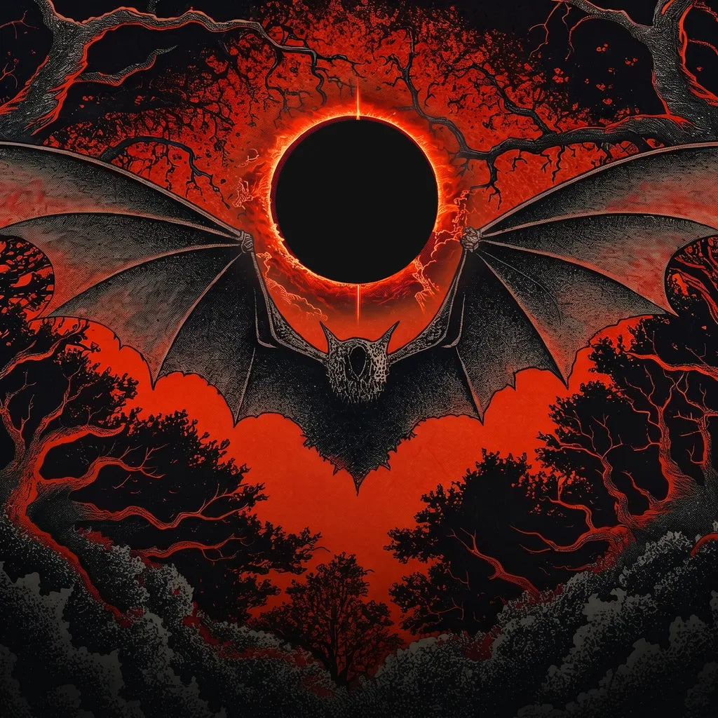 A bat with spread wings silhouetted against an eclipse ringed with fire.