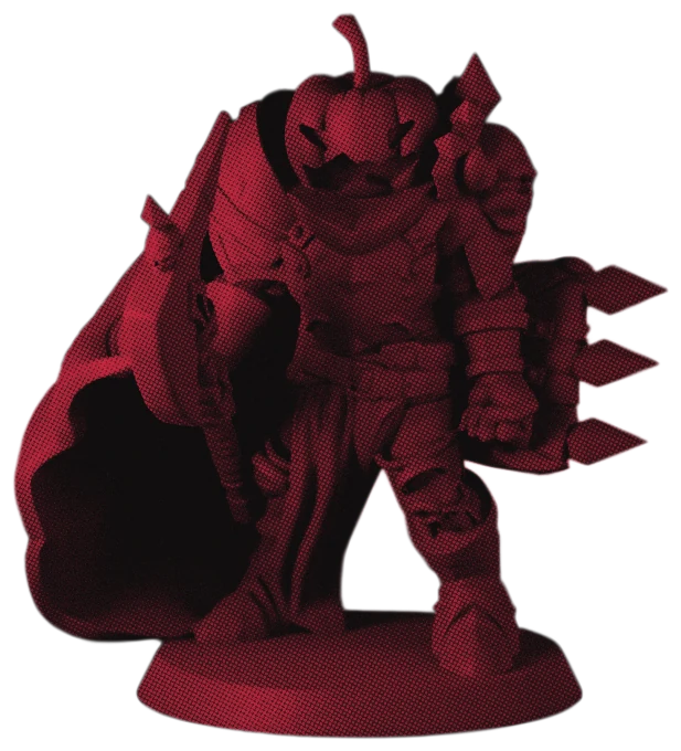 Pumpkin-headed knight miniature with a cleaver and a spiked gauntlet.
